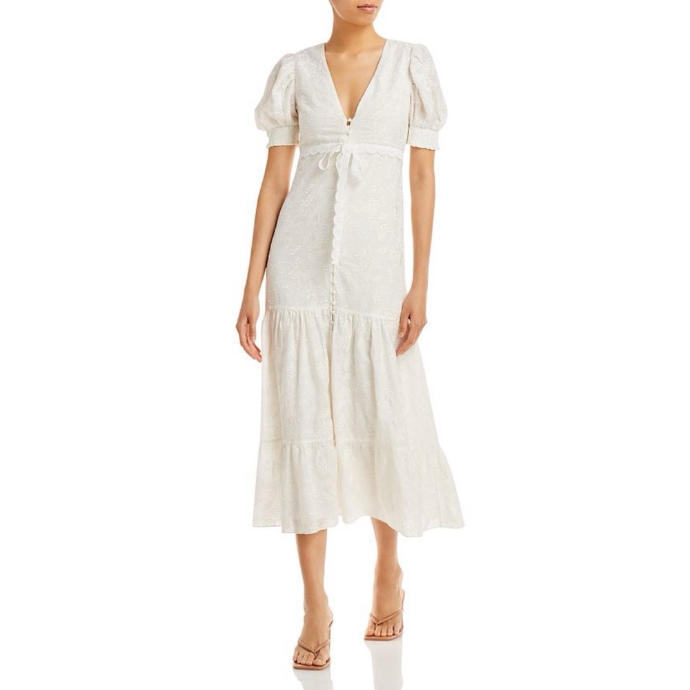 Alice Olivia Stori Dress Embroidered Midi Fit & Flare White Short Sleeved Size 4